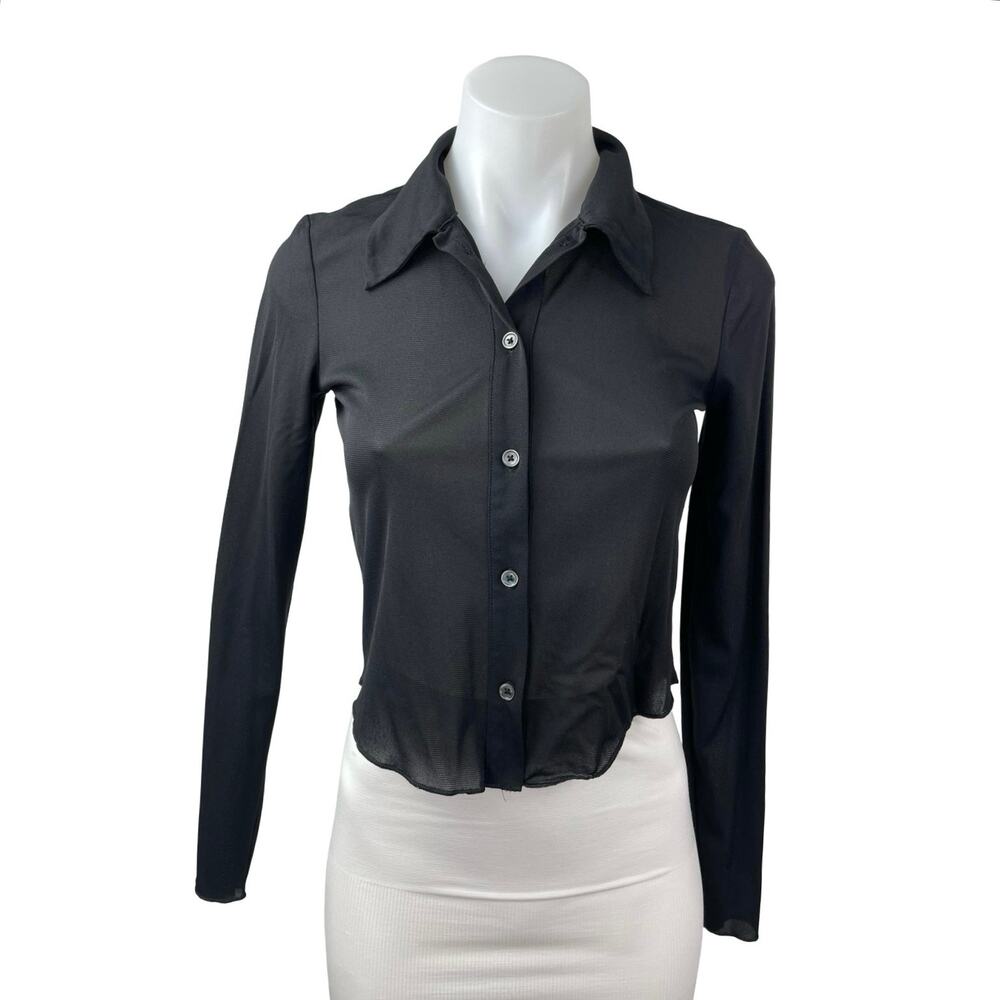 Aritzia Wilfred Women's Black Long Sleeve Cropped Button Down Shirt Top Size S